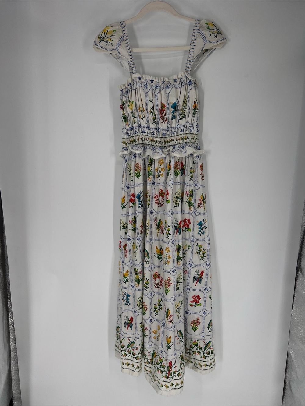 Farm Rio Tropical Porcelain Smocked Parrot Floral Printed Resortwear Maxi Dress